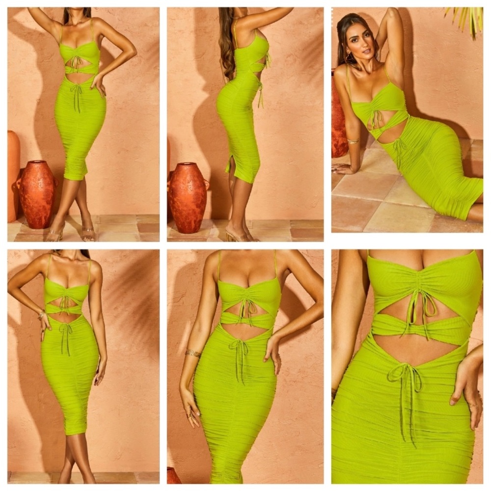 USED OH Polly CALLISTO Cut Out Stretch Midi Dress in Green. Size 8.